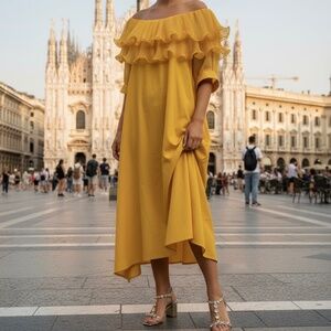 # A104   N BY Nancy  Mustard Ruffle  cottage core  Boho dress New No Tag  S